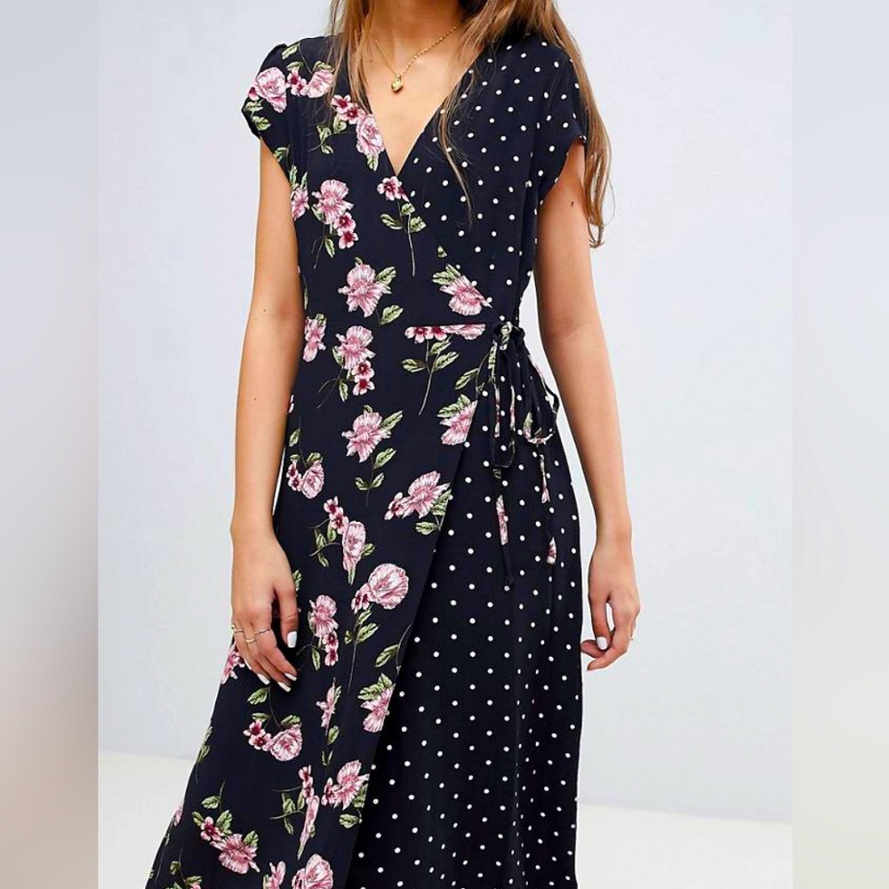 Black and Pink Floral Polka Dot Midi Wrap Dress